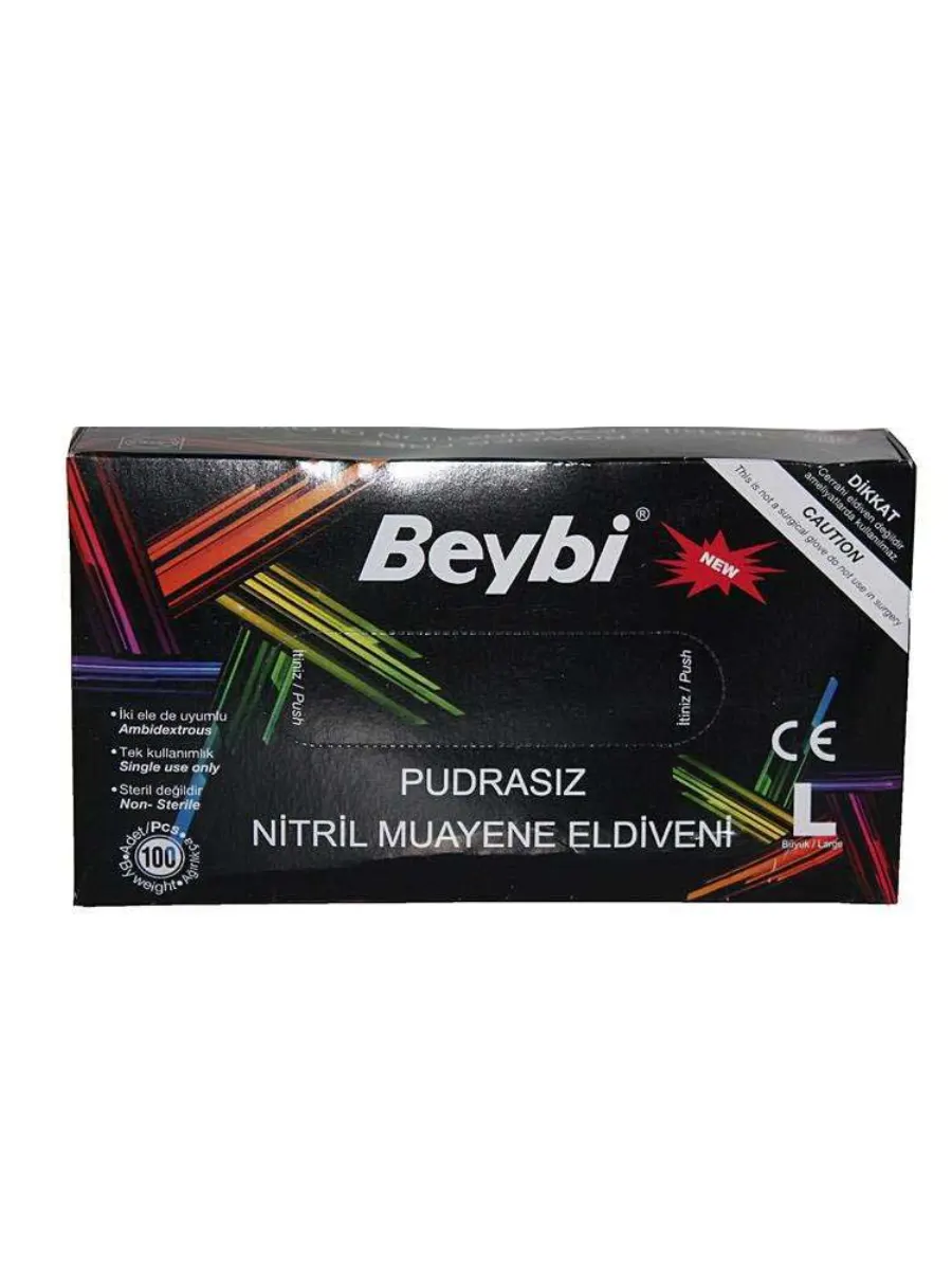 Beybi Nitril Pudrasız Muayene Eldiven Siyah Büyük Boy